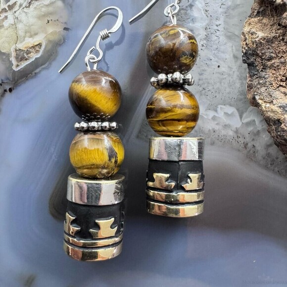 Tommy &Rosita Singer Sterling Silver Tigers Eye Bead Dangle Earrings For Women - Picture 4 of 10